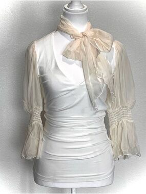 Bebe White Silk Chiffon Sleeve Top XXS NWT | Ruched Bodice V Tie Neck Romantic